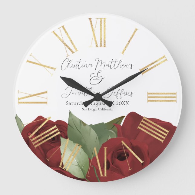 Grande Horloge Ronde Aquarelle romantique Roses rouges sur blanc (Recto)