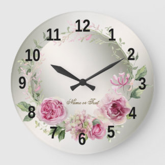 Grande Horloge Ronde Aquarelle rose cadre floral brillant Bronze élégan