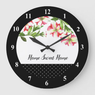 Grande Horloge Ronde Aquarelle rose et blanc Pétunias Pointe Polka