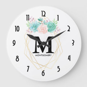 Grande Horloge Ronde Aquarelle rose et vert moderne Succulents Monogram