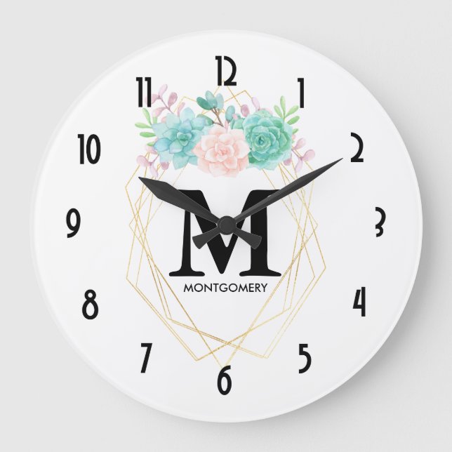 Grande Horloge Ronde Aquarelle rose et vert moderne Succulents Monogram (Recto)