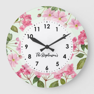 Grande Horloge Ronde Aquarelle rose Hydrangea et anémone japonaise