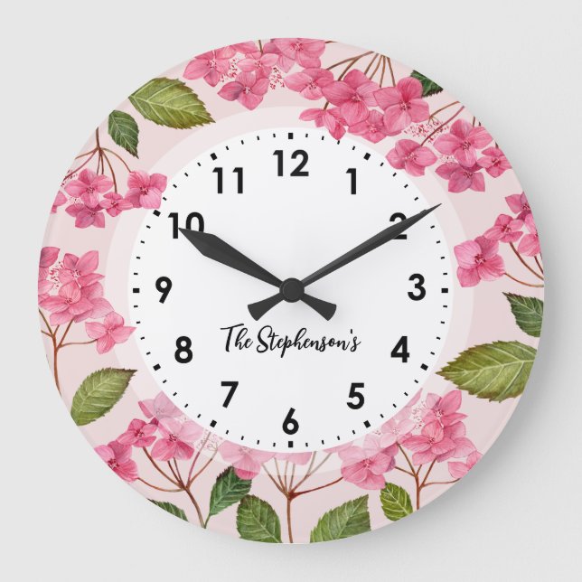 Grande Horloge Ronde Aquarelle rose Hydrangée Lacecaps Illustration (Recto)