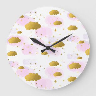Grande Horloge Ronde Aquarelle rose Nuages Gold Stars Sky