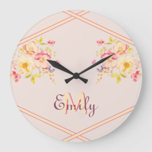Grande Horloge Ronde Aquarelle rose Roses, Lignes, Monogramme