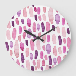 Grande Horloge Ronde Aquarelle : Rose, Violet Motif.