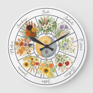 Grande Horloge Ronde Aquarelle Roue florale de l'année Pagan Wicca