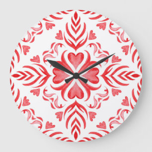Grande Horloge Ronde Aquarelle rouge arabesque : motif ornemental.