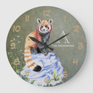Grande Horloge Ronde Aquarelle Rouge Panda Monogramme Sage Or