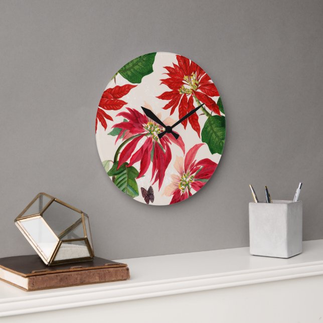 Grande Horloge Ronde Aquarelle rouge rustique Poinsettia Flore Verdure (Bureau)