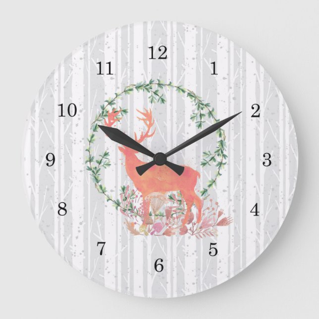 Grande Horloge Ronde Aquarelle Russe Reindeer Boho (Recto)