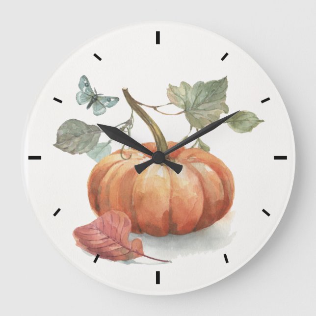 Grande Horloge Ronde Aquarelle Rustique Citrouille Automne (Recto)