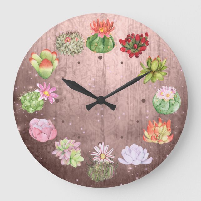 Grande Horloge Ronde Aquarelle rustique Succulents (Recto)