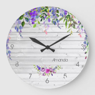 Grande Horloge Ronde Aquarelle Rustique Ultra Violet Floral