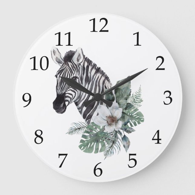 Grande Horloge Ronde Aquarelle Safari Zebra Fleurs tropicales (Recto)