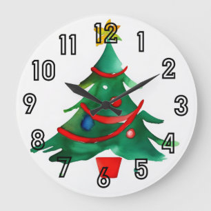 Grande Horloge Ronde Aquarelle simpliste Arbre de Noël