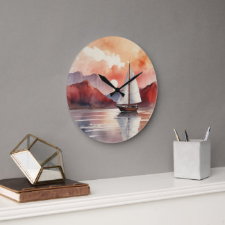 Grande Horloge Ronde Aquarelle Sunrise Avec Yacht