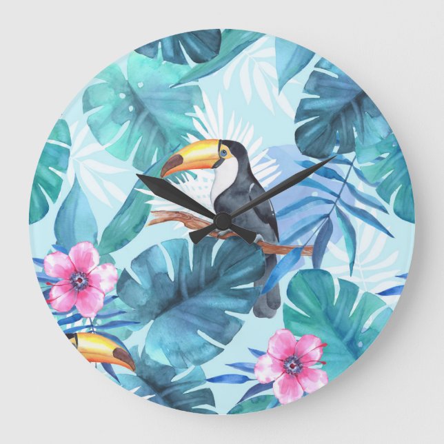 Grande Horloge Ronde Aquarelle Toucans : Tropical Seamless (Recto)