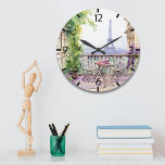 Grande Horloge Ronde Aquarelle Tour Eiffel Paris Café français<br><div class="desc">Watercolor Eifel Tower Paris French Cafe Clock dispose d'un coin salon de café français aquarelle avec Paris et la Tour Eiffel en arrière - plan. Créé par Evco Studio www.zazzle.com/store/evcostudio</div>