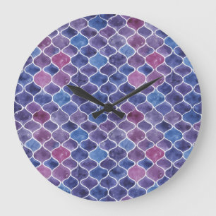 Grande Horloge Ronde Aquarelle transparente Violet motif floral