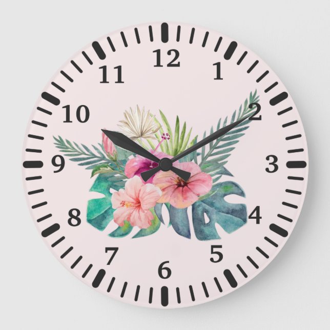 Grande Horloge Ronde Aquarelle Tropical Rose Hibiscus Fleurs (Recto)