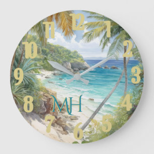 Grande Horloge Ronde Aquarelle tropicale Beach Lagoon Paradise