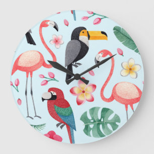 Grande Horloge Ronde Aquarelle Tropicale : Fusion Oiseau-Fleur.