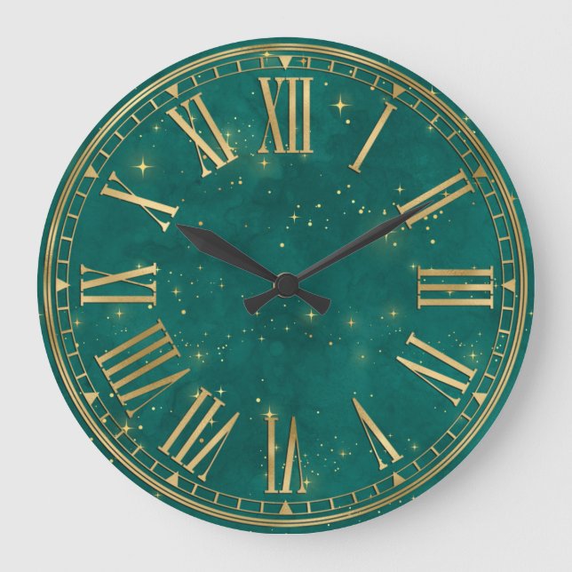 Grande Horloge Ronde Aquarelle vert foncé et étincelles dorées (Recto)