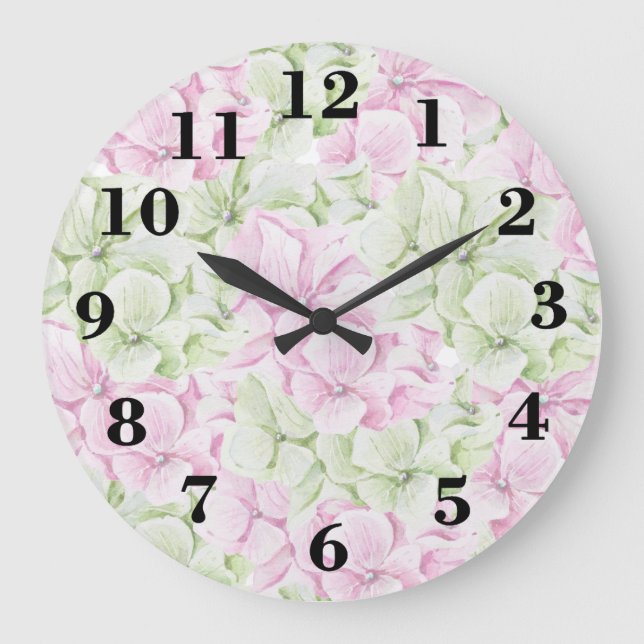 Grande Horloge Ronde Aquarelle vert rose pâle pays chic floral (Recto)