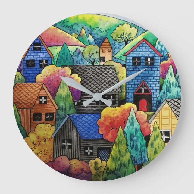 Grande Horloge Ronde Aquarelle Village Sur La Colline Avec Maisons Colo (Recto)