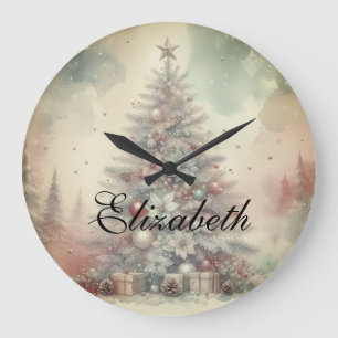 Grande Horloge Ronde Aquarelle vintage Arbre de Noël et ornements