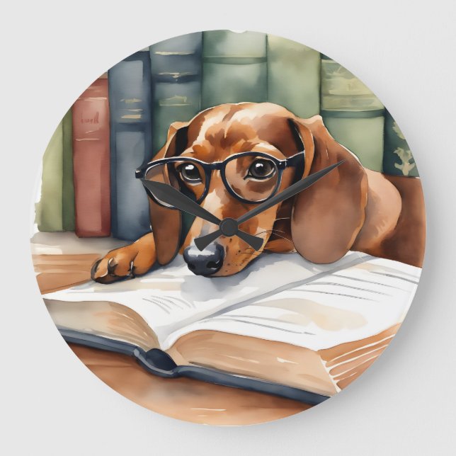 Grande Horloge Ronde Aquarelle Vintage Dachshund Dog (Recto)