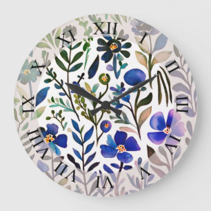 Grande Horloge Ronde Aquarelle vintage motif floral