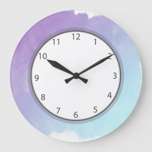 Grande Horloge Ronde Aquarelle violet et bleu Nombre de gris léché