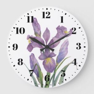 Grande Horloge Ronde Aquarelle violet Iris Botanique Floral Art