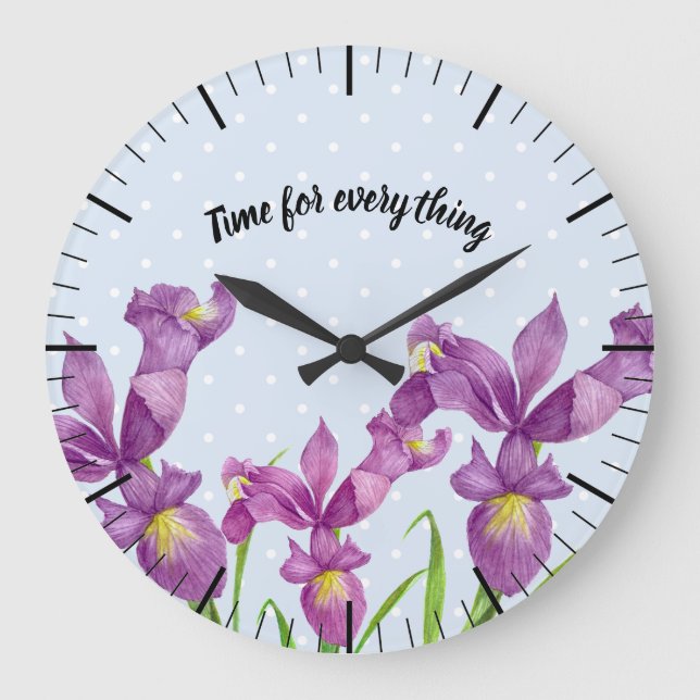Grande Horloge Ronde Aquarelle violet Iris Botanique Floral Art (Recto)