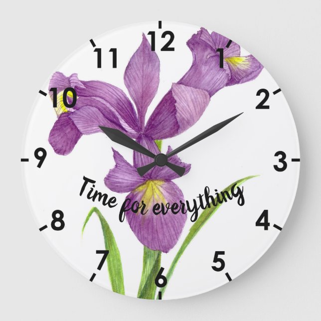 Grande Horloge Ronde Aquarelle violet Iris Botanique Floral Art (Recto)