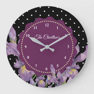 Grande Horloge Ronde Aquarelle violet Iris noir blanc Pois