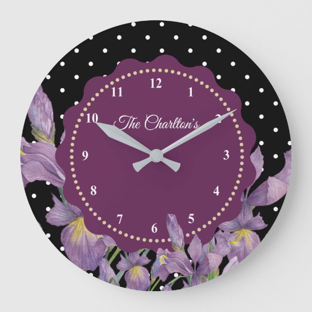 Grande Horloge Ronde Aquarelle violet Iris noir blanc Pois (Recto)