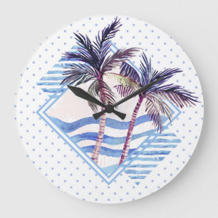 Grande Horloge Ronde Aquarelle violet Motif de palmier géométrique
