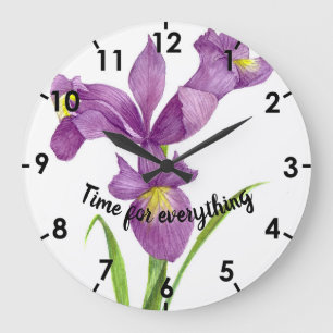 Grande Horloge Ronde Aquarelle violette Iris Botanique Floral Art
