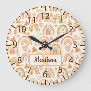 Grande Horloge Ronde Aquarelle Whimsical Earthy Boho Rainbows Nom
