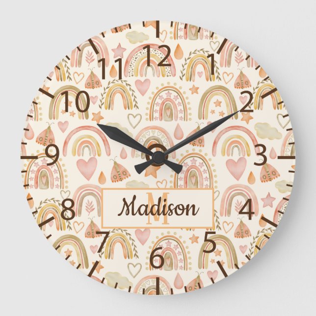 Grande Horloge Ronde Aquarelle Whimsical Earthy Boho Rainbows Nom (Recto)