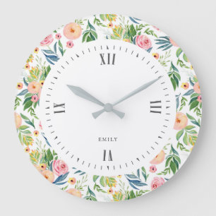 Grande Horloge Ronde Aquarelles rose et motif de pivoines de pêche