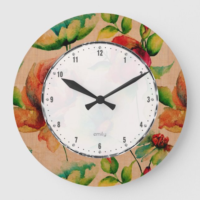 Grande Horloge Ronde Aquarelles Roses Rouges Sur Bois Blond (Recto)