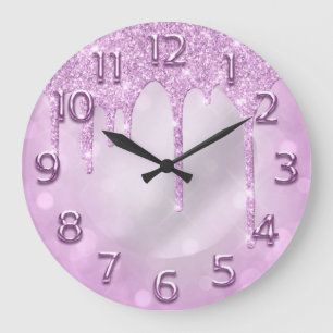 Grande Horloge Ronde Arabic Numbers Elegant Drips Pink Glitter Gray