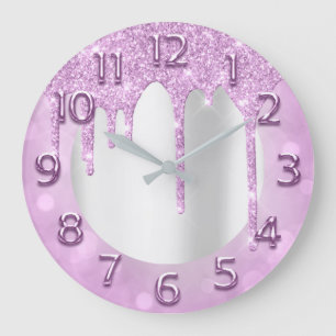 Grande Horloge Ronde Arabic Numbers Elegant Drips Pink Glitter Grey