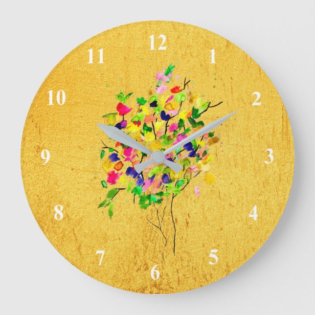 Grande Horloge Ronde Arbre abstrait couleur aquarelle (Recto)