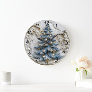 Grande Horloge Ronde Arbre bleu aux ornements dorés.