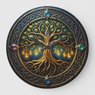 Grande Horloge Ronde Arbre céleste de lumière Arbre de vie celtique dor